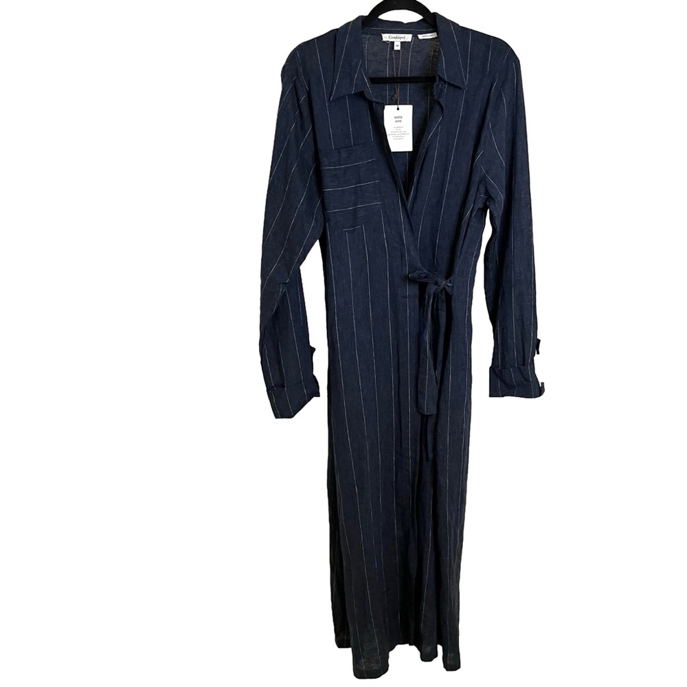 NWT Linen Blend Wrap Dress Conbipel Navy Striped Long Sleeve Italian 46 ~ L/XL